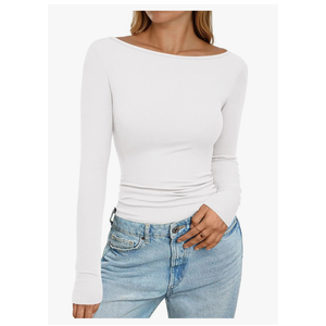 PRETTYGARDEN Long Sleeve Shirts for Women 2025 Fall Boat Neck Ribbed Knit Ruched Fitted Going Out Tops Casual Basic Tees, Size -M