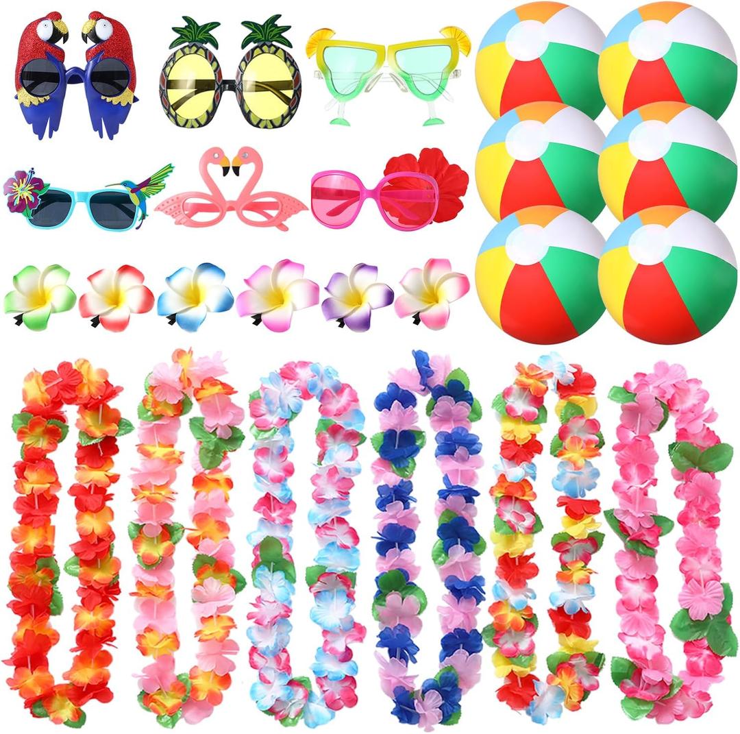 24PCS Hawaiian Luau Leis Party Decorations Supplies Set,Hawaiian Leis,Flos Hibisci Hair Clips, Hawaiian Sunglasses, Beach Balls for Summer Beach Pool Birthday Decor Favors