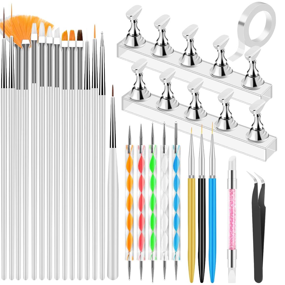 Nail Art Tools Set, Nail Stand for Press on Holder for Painting Nails, Nail Art Brushes, Liner Brushes, Nail Dotting Tool, Must Haves Design Tools Supplies Kit for Nail Tech & Beginners (White)