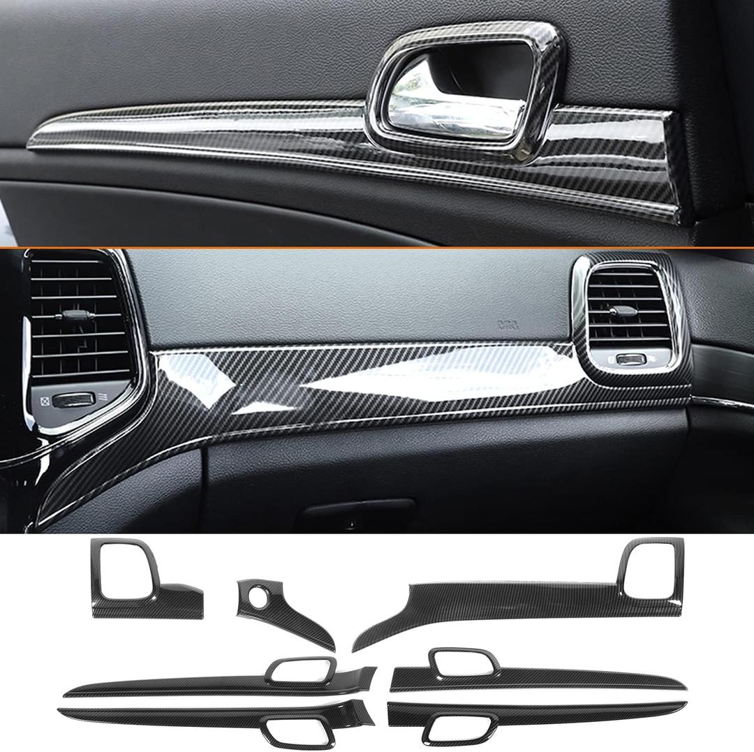 YOCTM Dashboard Panel Trim & Door Handle Cover Kit for Jeep Grand Cherokee 2014-2021, Carbon Fiber Look Interior Accessories, 7PCS Decorative Set, Black