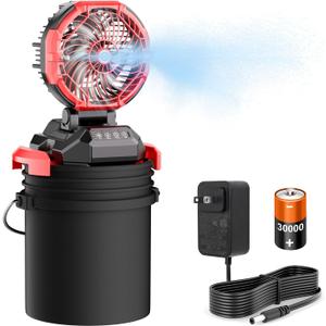 Portable Misting Fan, 30000mAh Rechargeable Battery Powered Floor Cooling Fan with 4 Strong Winds, 4 Spray Mister, Adjustable Base for 10-13in Bucket for Camping, Beach, Patio (No Bucket)- Red (Medium)
