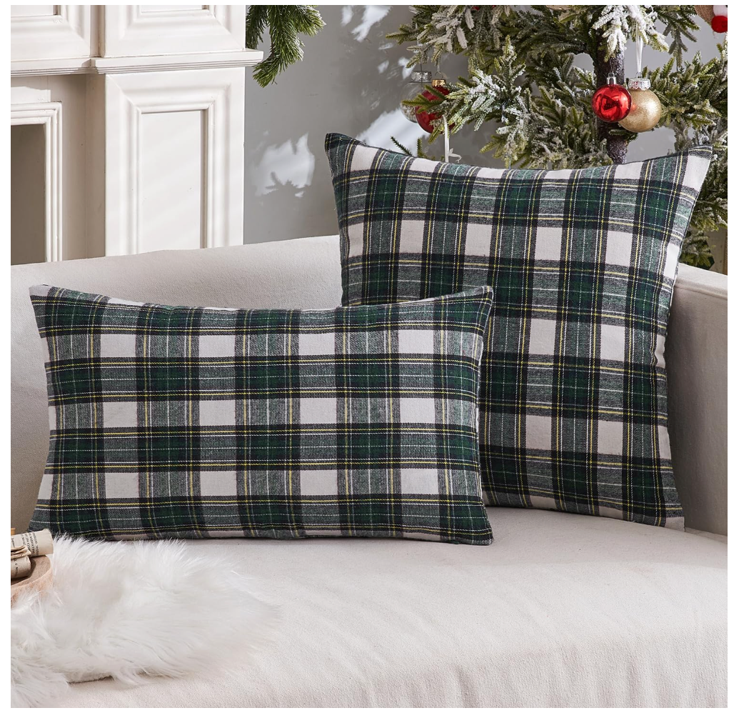 MIULEE Fall Set of 2 Scottish Tartan Plaid Throw Pillow Covers Farmhouse Classic Decorative Outdoor Square Cushion Cases for Halloween Thanksgiving Decor Sofa Couch 16x16 Inch, Black and White
