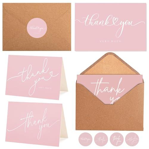 Layneria 100 Bulk Pink Thank You Cards with Kraft Envelopes and stickers - 4 Minimalistic Designs Blank Thank You Notes with Envelopes for business Wedding Bridal Gift Baby Shower Business Graduation