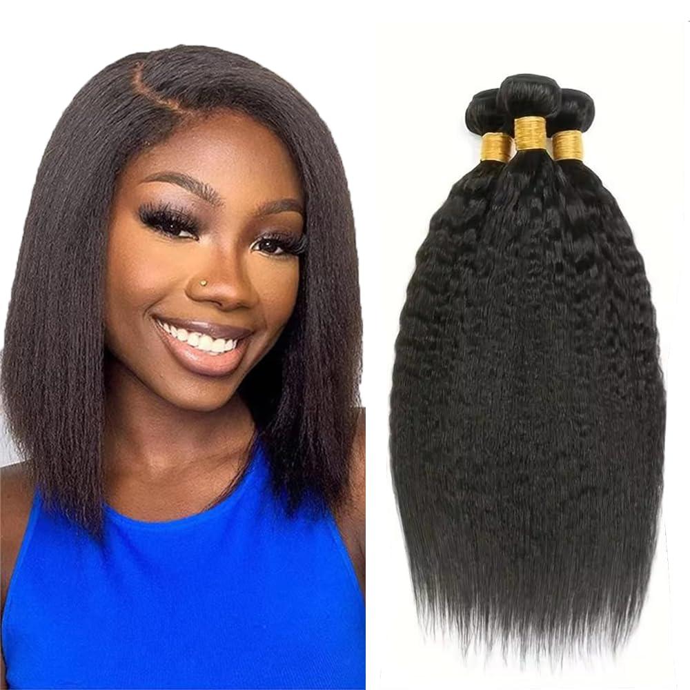 Yaki Straight Bundles Human Hair #1B Yaki Bundles 12 14 16 inch Kinky Straight Human Hair Bundle Natural Black