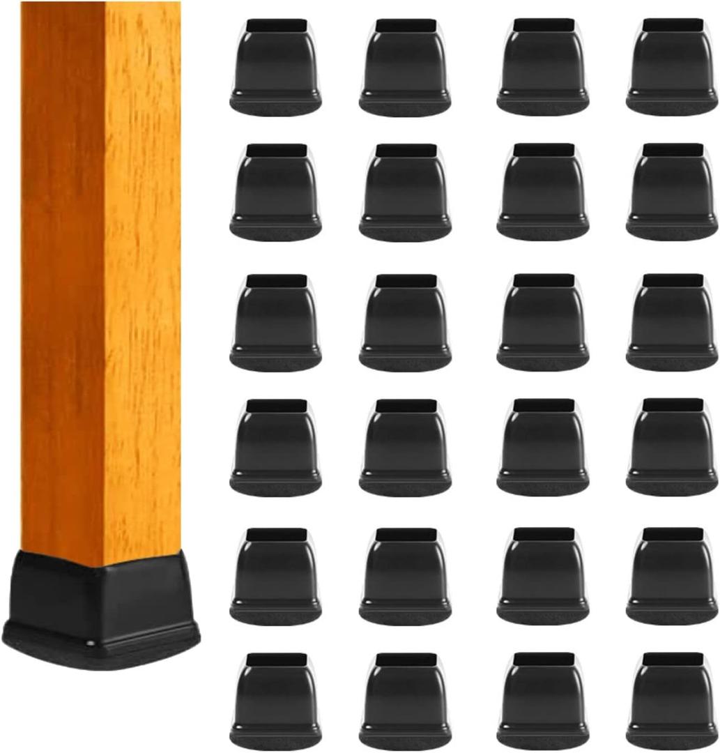 Small Square Silicone Chair Leg Floor Protectors with Wrapped Felt, Black Furniture Leg Caps, Anti Scratch Anti-Noise, 24 Pcs (Fit: 0.5" - 0.75").