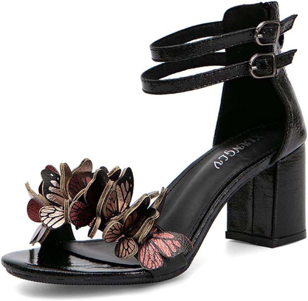 JOEupin Women's Butterfly Block Heel Sandals- Gold&Silver Strappy Dressy High Heels for Summer, Comfortable Wedding Party Shoes (8.5, Black)