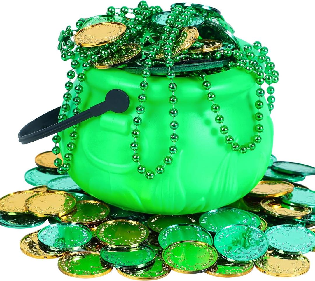 Bylion 5" St Patricks Day Green Plastic Cauldron with 100 Lucky Coins & Bead Necklace, Pot of Gold Pot for Leprechaun Decorations, Green & Gold Coins