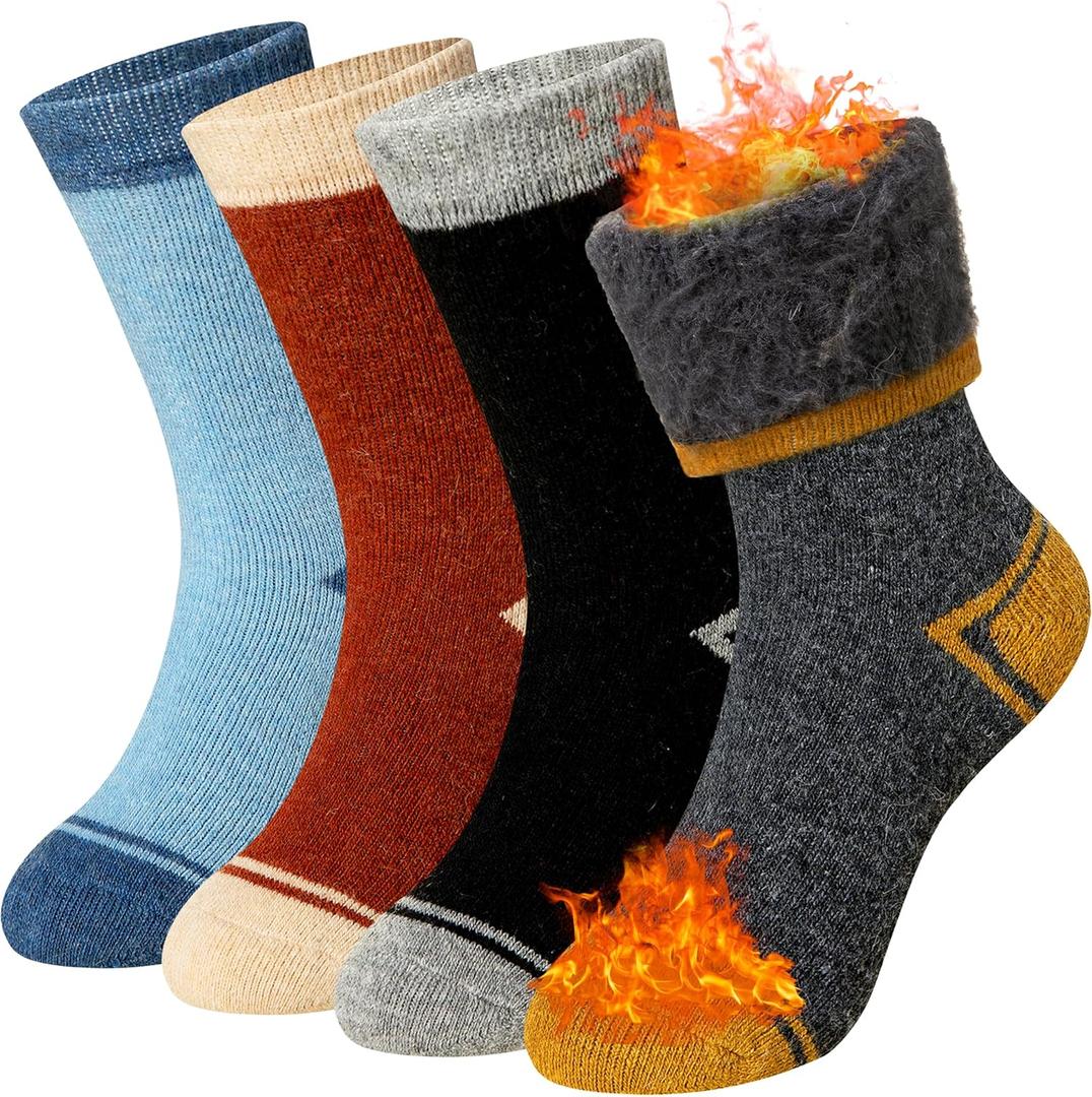SeeyAN Kids Thermal Socks Merino Wool Ski Boot Winter Insulated Warm Hiking Thick Heated Socks For Boys Girls 4 Pairs (8-12 Years)