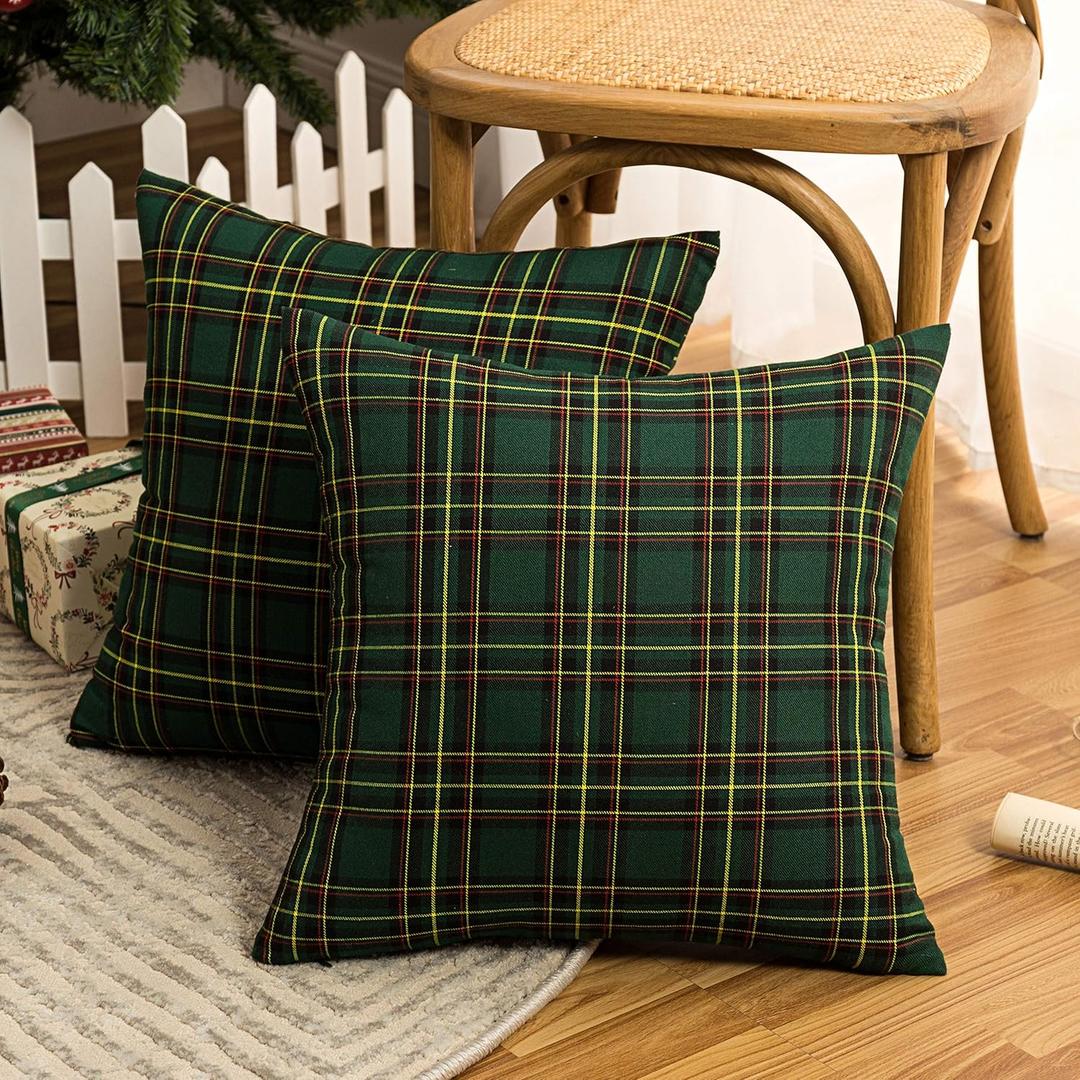 AQOTHES Pack of 2 Christmas Plaid Decorative Throw Pillow Covers Scottish Tartan Cushion Case for Farmhouse Home Holiday Decor Green, 18 x 18 Inches
