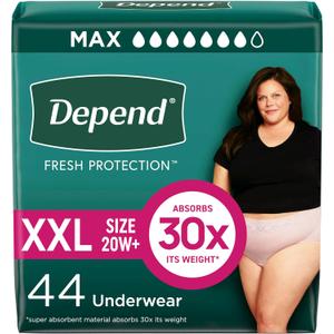 Depend Fresh Protection Adult Diapers, Incontinence & Postpartum Bladder Leak Underwear for Women, Disposable, Maximum, Extra-Extra-Large, Blush, 44 Count (2 Packs of 22)