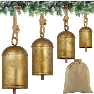 Fovths 4 Pieces Christmas Cow Bells - Rustic Metal Hanging Harmony Bells With Rope - Vintage Decorative Wind Chimes for Xmas Tree, Fireplace, Garland Ornaments