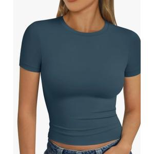 Trendy Queen Womens Short Sleeve T Shirts Summer Crop Tops Basic Slim Fit Gym Workout Y2k Clothes Medium Teal