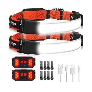 Adelante LED Headlamp Flashlight, 2Pack 1000LM 230°Wide-Beam Rechargeable Head Lamp for Adults, Red Taillight & 8 Clips Waterproof Hard Hat Light Headlamps for Running Hiking and Camping