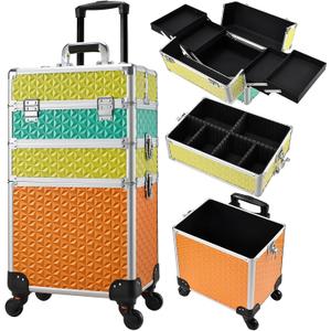 FRENESSA 3 in 1 Rolling Makeup Case on Wheels - Cosmetology Storage Organizer for Salon, Barber, Nail Tech, Mobile Hairstylists - Traveling Trolley Cart Makeup Trunk Tricolor