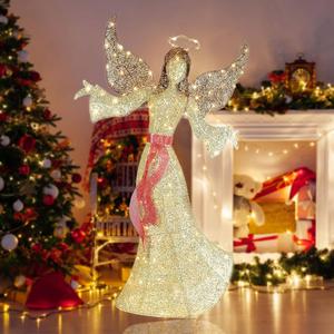 WILLBOND 5 ft Christmas Angel Cardboard Cutout Stand up with Light String Winged Angel Figurines Photo Props Large Lighted Christmas Sign for Xmas Holiday Backdrop Party Decoration