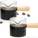 Espresso Cups Set of 2, 4 OZ Espresso Shot Glasses with Wood Handle, V-Shaped Spouts Cups, Ribbed Milk Frothing Pitcher, Glass Measuring Cup, Coffee Espresso Accessories, Demitasse Cups, Small (Clear)