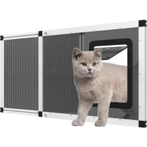 Adjustable Ventilated Pet Door for Window 35.4"-46.7" Wide, White Aluminum Frame + Stainless Steel Mesh | Breathable Bug-Proof | 4-Way Lock Magnetic Closure Cat Window Door, Cat Door for Window Insert