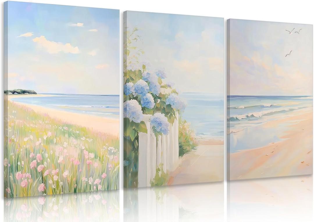 3Pcs Pastel Coastal Wall Art Pink Beach & Blue Hydrangea Pictures Wall Decor Ocean Wildflowers Posters Summer Beachy Preppy Painting Print Artwork for Beach House Bedroom Dorm Apartment, Framed