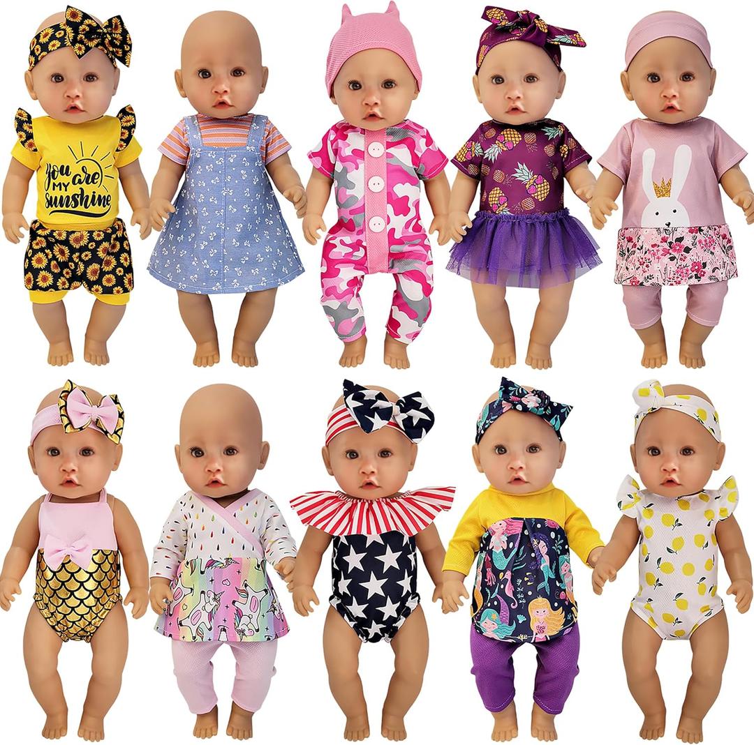 Windolls 10 Sets 14-16 Inch Baby Doll Clothes Dress Outfits Headbands Accessories fits New Born 15 inch Baby Doll