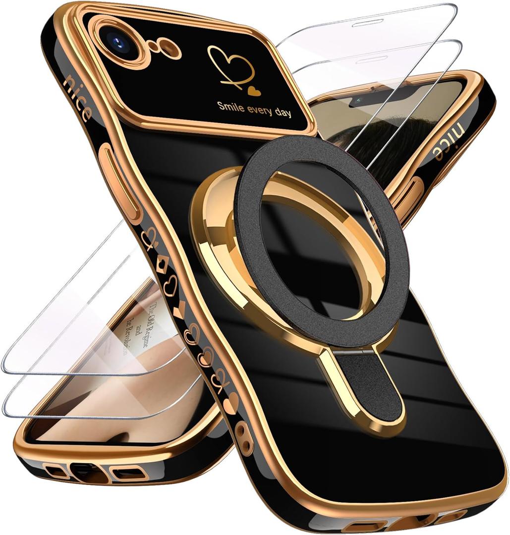 for iPhone 17e/16e Case with Screen Protector: Luxury Plated Gold Cute Wavy Edge Love Heart Pattern Kickstand Case, Slim Soft TPU Shockproof Protection Cover for iPhone 16e/17e (Black)