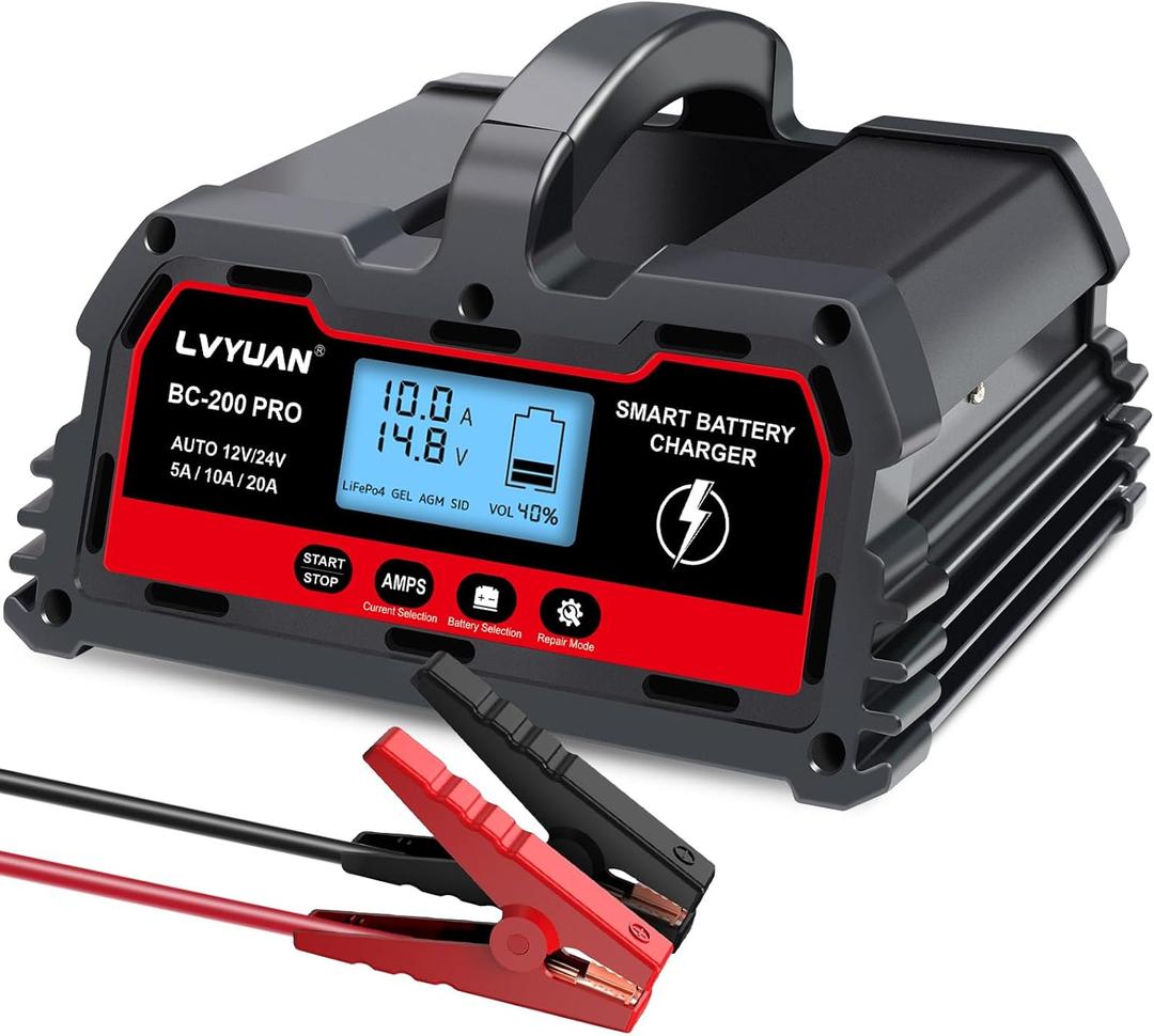 LVYUAN 12V/24V Car Battery Charger with Trickle Charger Automotive Smart Battery Charger, Smart Battery Maintainer, 10A/20A for Car Truck Motorcycle LiFePO4 Lithium and Lead Acid Batteries