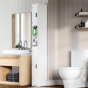 MOHOPE Narrow Bathroom Storage Cabinet - Tall Bathroom Cabinet with 2 Doors and Adjustable Shelves, Open Compartments, Slim Freestanding Cabinets for Small Space and Toilet, White
