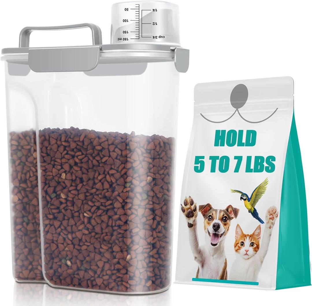 TBMax Dog Cat Food Storage Container 5 to 7 lbs, Airtight Pet Food Dispenser with Easy-Pouring Spout & Measuring Cup, Portable Kibble Container for Travel Dog Food Storage (Light Grey)