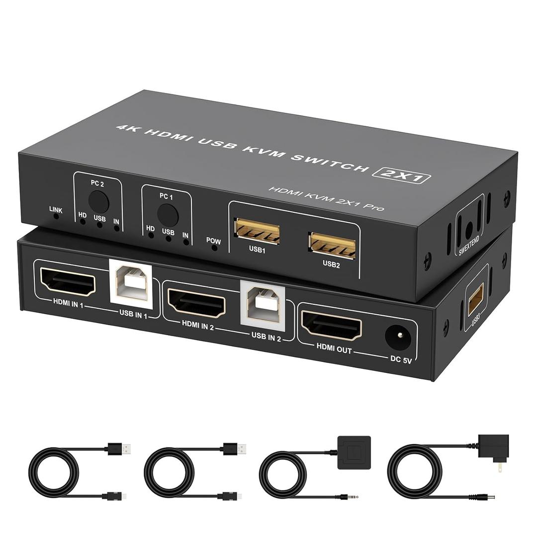 4K HDMI KVM Switch 1 Monitor 2 Computers 4K@60Hz, USB KVM Switches for Two Computer Share Monitor 3 USB Ports for Keyboard Mouse, Support Extended & Mirror Mode with Desktop Controller 2 Wires Included