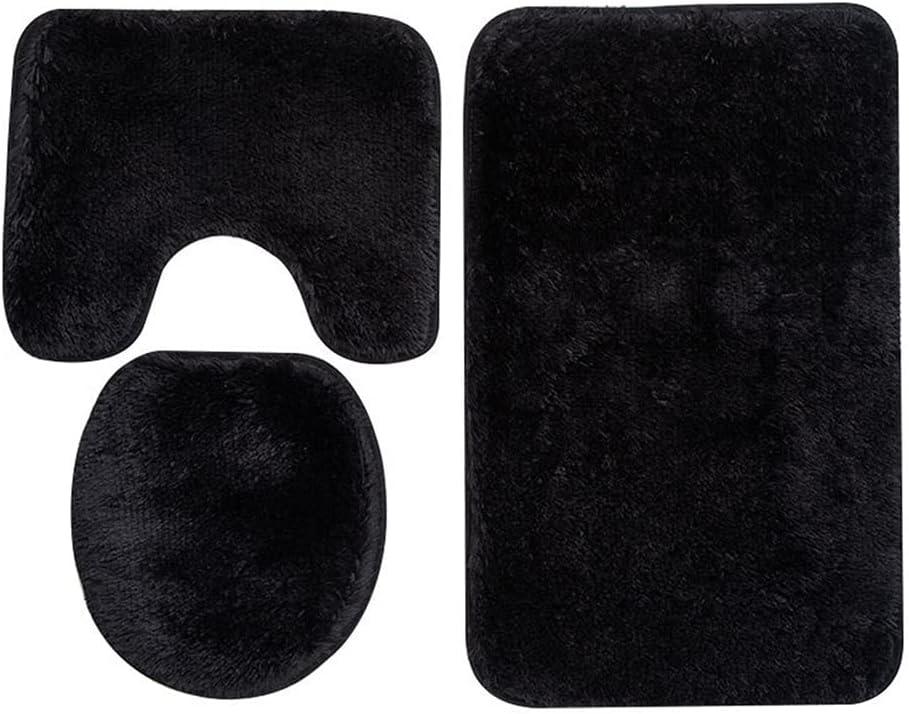 Reyox 3 Pieces Shaggy Bath Mat Set, Soft Absorbent Plush Microfiber Bathroom Rugs, Non Slip Bath Rugs Black 3 PCS (3 PCS 20"x31"+U Shape 20"x16"+Lid 15"x16")