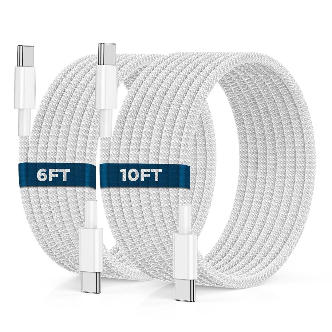 USB C to USB C Cable 6FT+10FT 2Pack 60W iPhone 16 15 Charger Cord Long Type C to C Cable Fast Charging for Apple iPhone 16 15/Pro/Pro Max/Plus/iPad Pro Air/MacBook/Air/Mini/Samsung Galaxy S24/S23 (White)