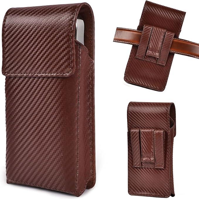 LEATHER VILLAGE Carbon Fiber Genuine Leather Phone Holster with Belt Clip - Compatible with iPhone 16, 16 Pro, 15, 15 Pro, 14, 14 Pro, 13, 13 Pro, 12, 12 Pro, 11, Galaxy S25, S24, S23 - Brown - M
