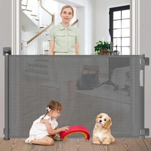 No Drill Retractable Dog Gates for Doorways 59" Wide, Punch Free Baby Gate 33" Tall, Retractable Baby Gates for Stairs No Drilling Pet Gate Indoor Mesh Dog Gate for The House, Gray