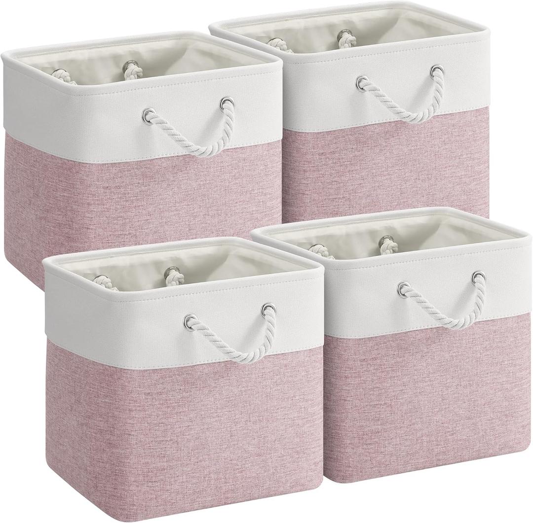 12 x 12 Inch Cube Storage Bins, 4 Pack Fabric Storage Basket with Handles, Foldable Boxes Organizer for Shelf Baskets for Home, Clothes (White/Pink)