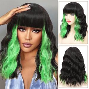 Black Wavy Bob Wig With Green Highlight, 14 Inches Short Synthetic Hair for Women, Cosplay Halloween Party Use (HL Green)