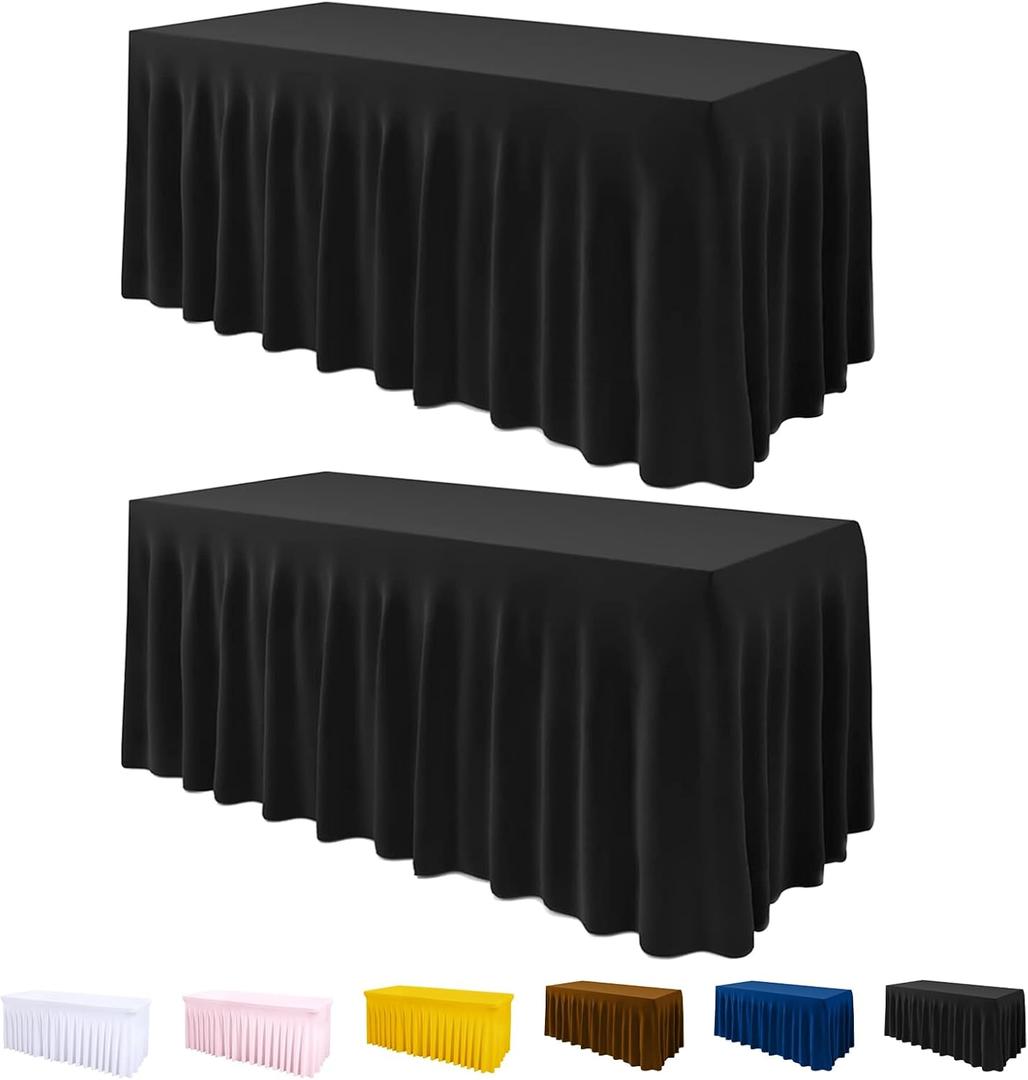 Black Spandex Table Cover 6FT 2Pack, Stretch Table Cloths with Table Skirts for Rectangle Tables, Wrinkle Resistant Stretchable Tablecloth with Skirt for Weddings, Parties, Vendors