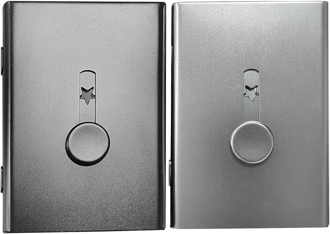 2 Pack Business Card Holder ,Stainless Steel Slide Out Thumb Drive Card Case for Men and Women,Portable Credit ID Name Card Wallet Black and Gray