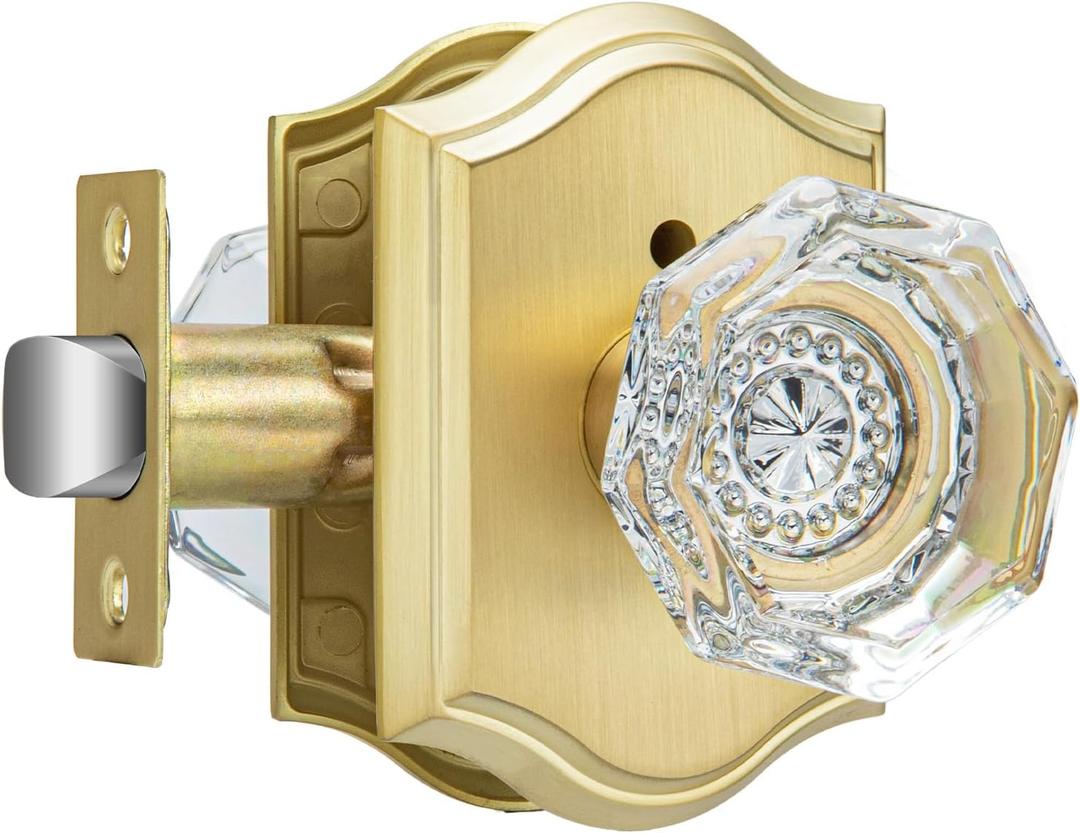 Haidms Gold Glass Door Knob Crystal Door Knobs Interior, Vintage Privacy Door Lock for Bed Bath, Clear Diamond Glass with Heavy Duty (1 Pack)