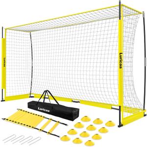 Collapsible Soccer Goal, 126 ft /64 ft Portable Soccer Goal Net for Backyard, Quick Setup Soccer Goals with 1 Carry Bag, 1 Agility Ladder, 4 Ground Nails,12 Training Cones (Yellow)