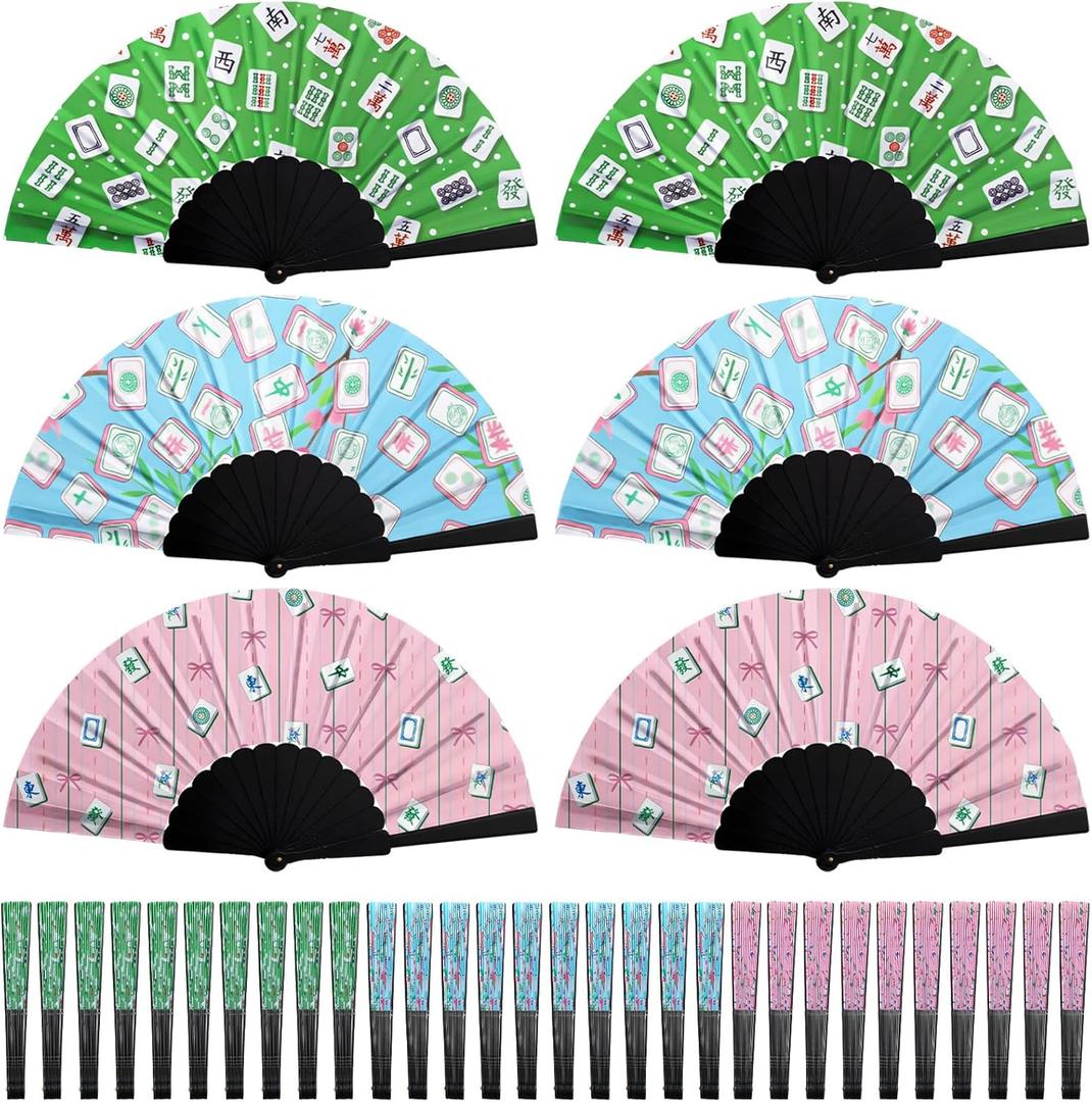 Threehoney 36 Pcs Mahjong Gifts Mah Jong Folding Fan Bulk Decorations Birthday Fabric Handmade Chinese Gift for Mahjong Lovers Player Gifts Home Mah Jong Game Night Party Accessories Green and Pink