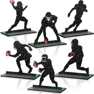 Geetery 6 Pcs Football Party Table Decoration Wooden Sports Table Sign Football Player Silhouette Centerpieces Rugby Tiered Tray Decor for Fans Club Sport Birthday Tailgate Party Supplies