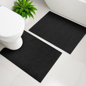 YIHOUSE Black Bathroom Rug Sets 2 Piece, Bathroom Mat Quick Dry, Thin Bath Rug Set,Absorbent Bath Mat for Bath Room Non Slip Washable for Toilet and Floor(17.5"x24"U+17"x24")