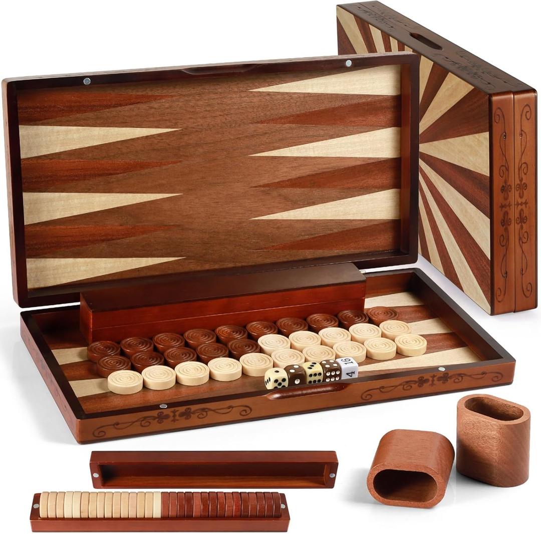 Handcrafted Wooden Backgammon Set - 16" Large Board Game with Oversized Pieces - Classic 2-Player Strategy Game Perfect for Adults & Kids