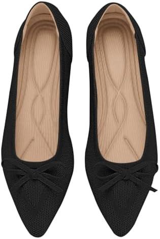 TINGRISE Women's Flats Pointed Toe Bow Knit Ballet Shoes Comfortable Dressy Mesh Slip On Flat, 7