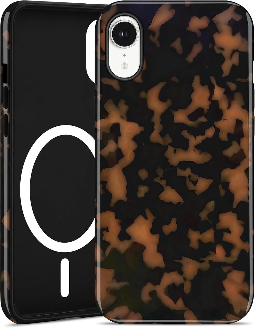 Jusy Compatible with MagSafe Brown Tortoise Shell Print Phone Case for iPhone XR, Amber Trendy Luxury Magnetic Soft TPU and Hard PC Protective Phone Cover for Women Girls - Yellow
l