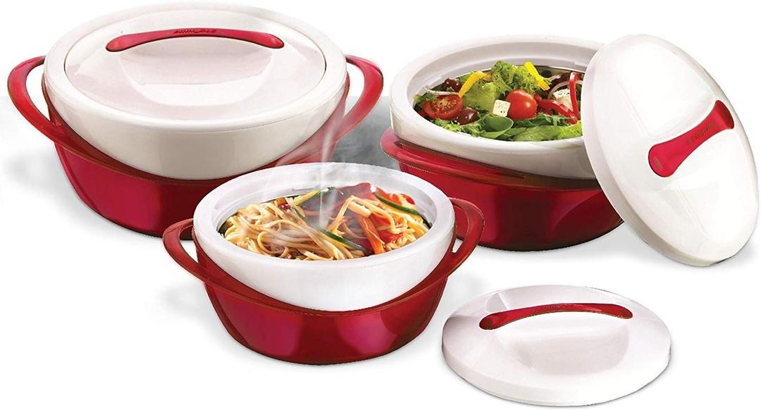Pinnacle Insulated Casserole Dish with Lid 3 pc. set 2.6/1.25/.6 qt. Elegant Hot Pot Food Warmer/Cooler - Large Thermal Soup/Salad Serving Bowl- Stainless Steel Best Gift Set for Moms Holidays Red