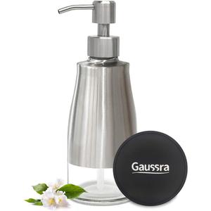 Soap Dispenser with Coaster and Stickers, Brushed Nickel Stainless Steel Case Glass Liner Hand Pump Dispenser, Refillable Liquid Hand Soap Dispenser for Bathroom & Kitchen (11OZ / 320ML)
