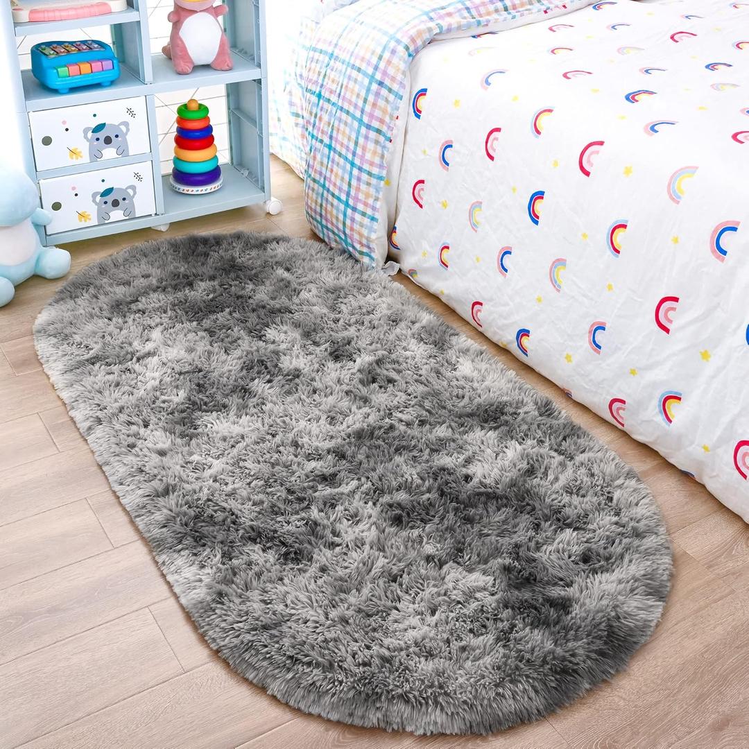 Noahas Oval Fluffy Grey Rainbow Rug 2.6X5.3 Small Kids Rugs for Bedroom Girls And Boys Aesthetic,Bedside Bedroom Rug,Ultra Soft Runner Carpet Modern Shaggy Nursery Area Rugs Home Deco (Tie-dyed Grey)