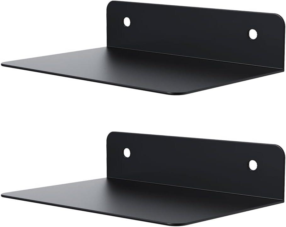 Metal Floating Shelves for Wall Mounted Set of 2, Modern Minimalist Matt Black Book Shelf, Suitable with Bedroom Living Room Decor, Kitchen and Bathroom Accessories 6x4 inch(15x10cm)