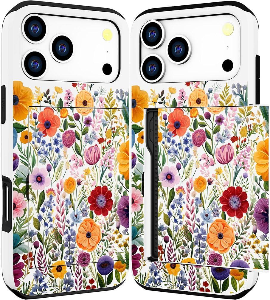 2 x Compatible with iPhone 17 Pro Case Wallet Cute for Women with Design,Rugged Credit Card Holder Slot Protective Phone Skin Cases Girly Design (Red Vibrant Colorful Flowers)