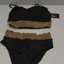 Women's High Waisted Swimsuit Two Piece Ribbed Bikini Sets Crop Top High Cut Cheeky Bathing Suits (Medium, Black Gold)